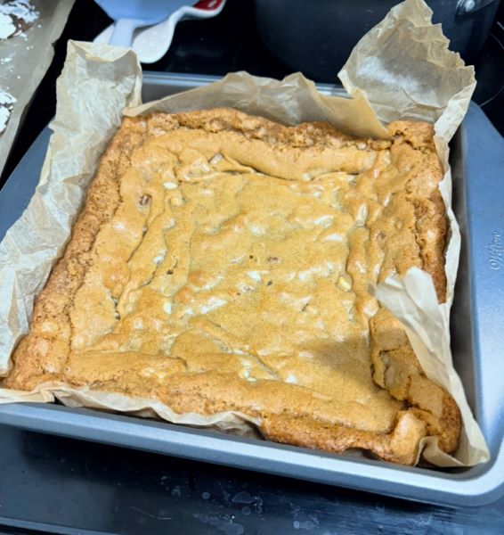 blondies in a square baking tray